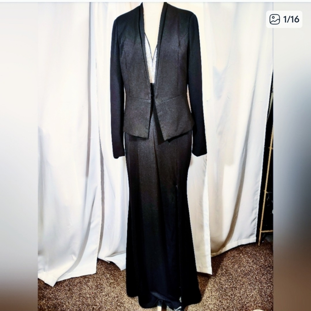2 Pc: Charlotte Rose Sheath Dress+ Crop Suit Jacket, Black/Silver Floor Lngth, M